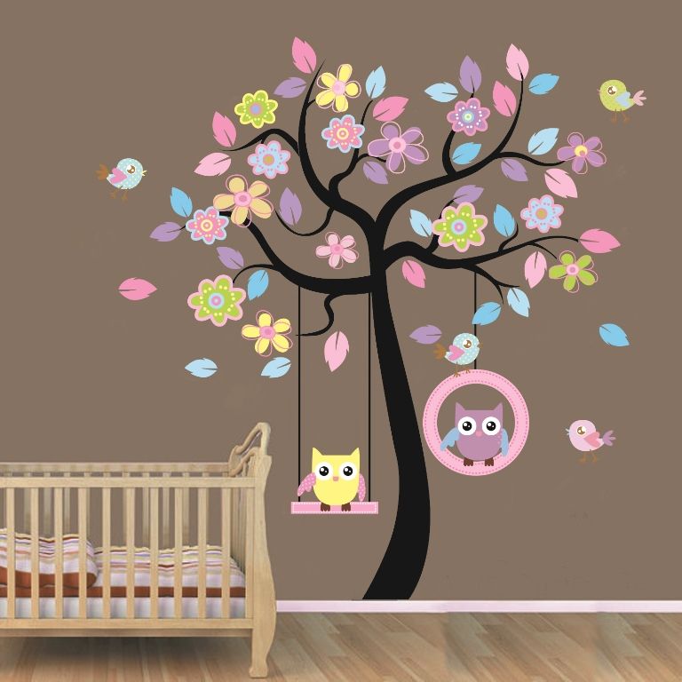 Four Owl Swing On Tree Wall Decal Removable Sticker Home